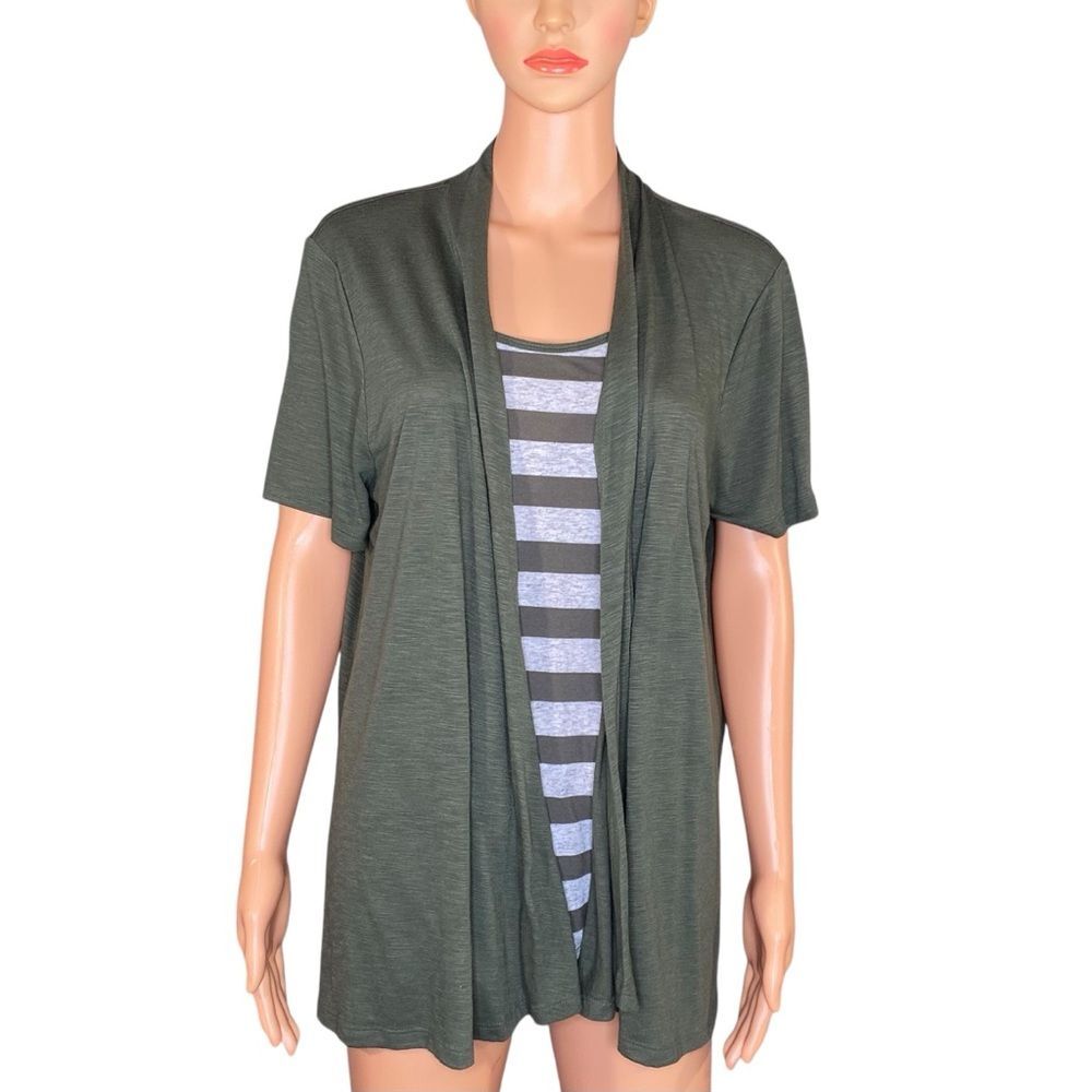 White Stag Green Open Front Cardigan w Striped Inner Tee Womens Size XL